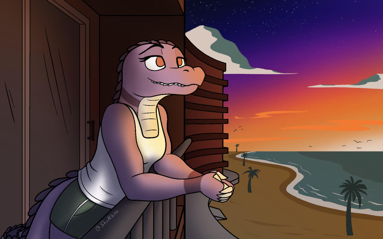 An anthro purple alligator leans on an apartment balcony railing and smiles while looking out toward a beach during a vibrant sunset.