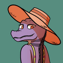 Portrait of an anthro purple alligator with a sunhat and sundress smiling while looking over her shoulder.